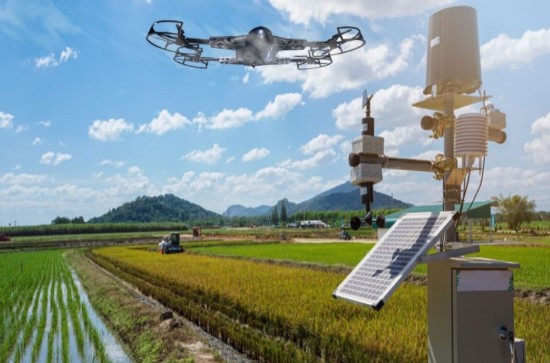Drone map showing two views: health/moisture levels and topography.