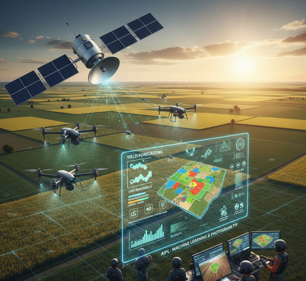 Diagram illustrating the integration of satellite imagery (macro) and drone data (micro) for precision agriculture.